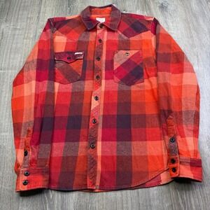 Topo Designs Mens Red Maroon Plaid Heavyweight Outdoor Button-Up Shirt Size L